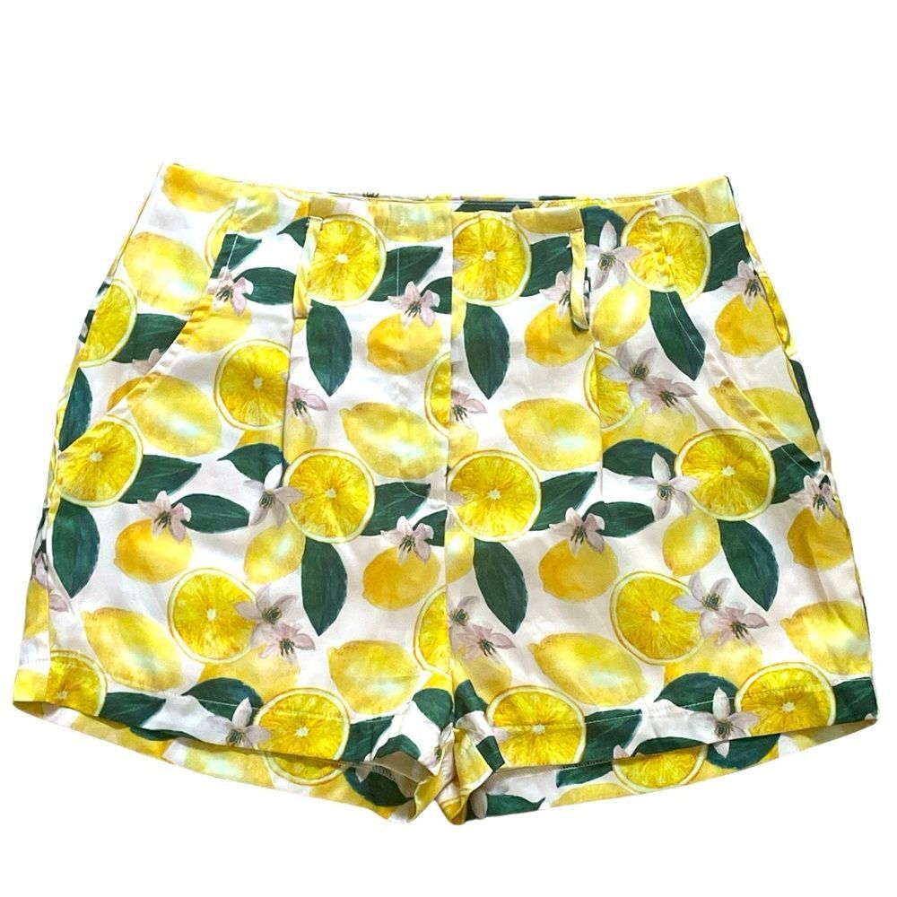 LUXXEL silky soft lemon shorts high rise, yellow green white novelty print M / L